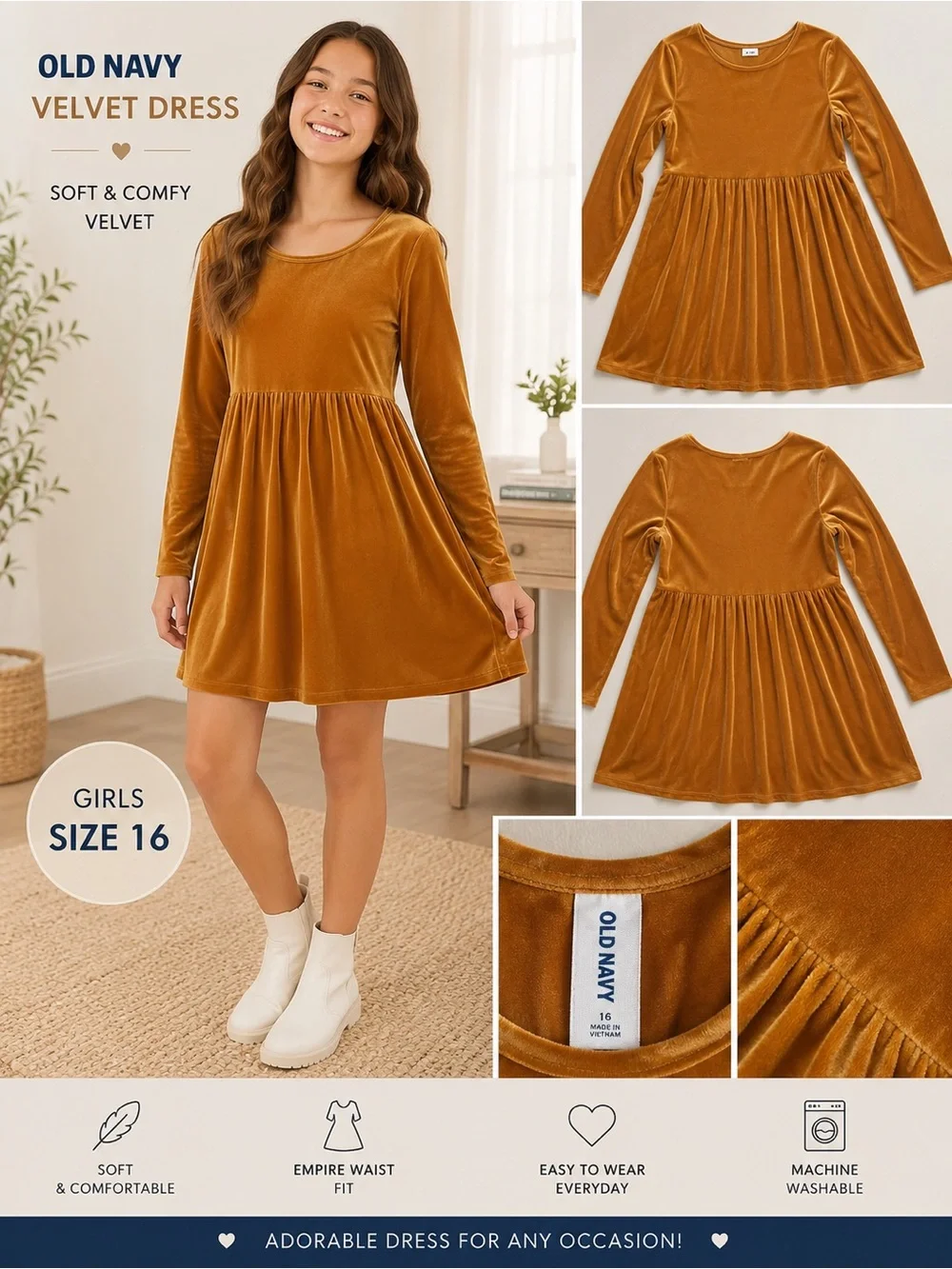 Old Navy Girls Velvet Long-Sleeve Dress in Mustard Gold